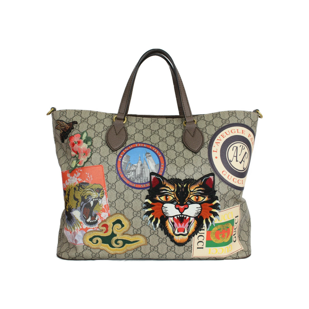 GUCCI GG Supreme Courier Soft Shoulder Bag Beige Brown Applique Canvas Leather